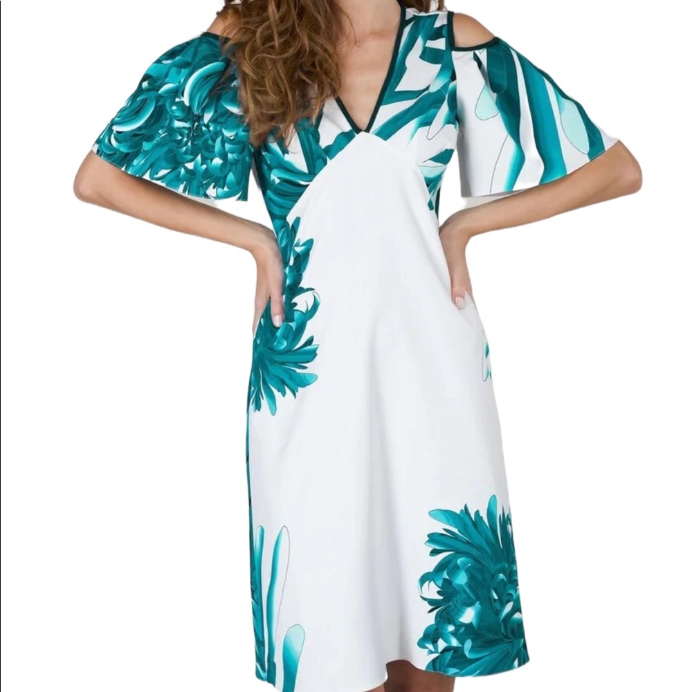 Closet White and Teal Tropical Print Cold Shoulder Dress 4